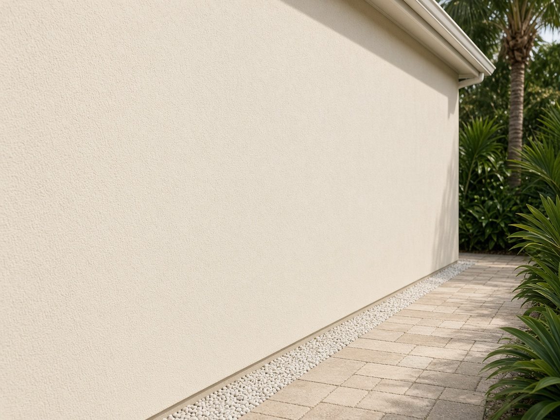 Clean cream stucco beside a pale paver walkway and a thin line of white rock.
