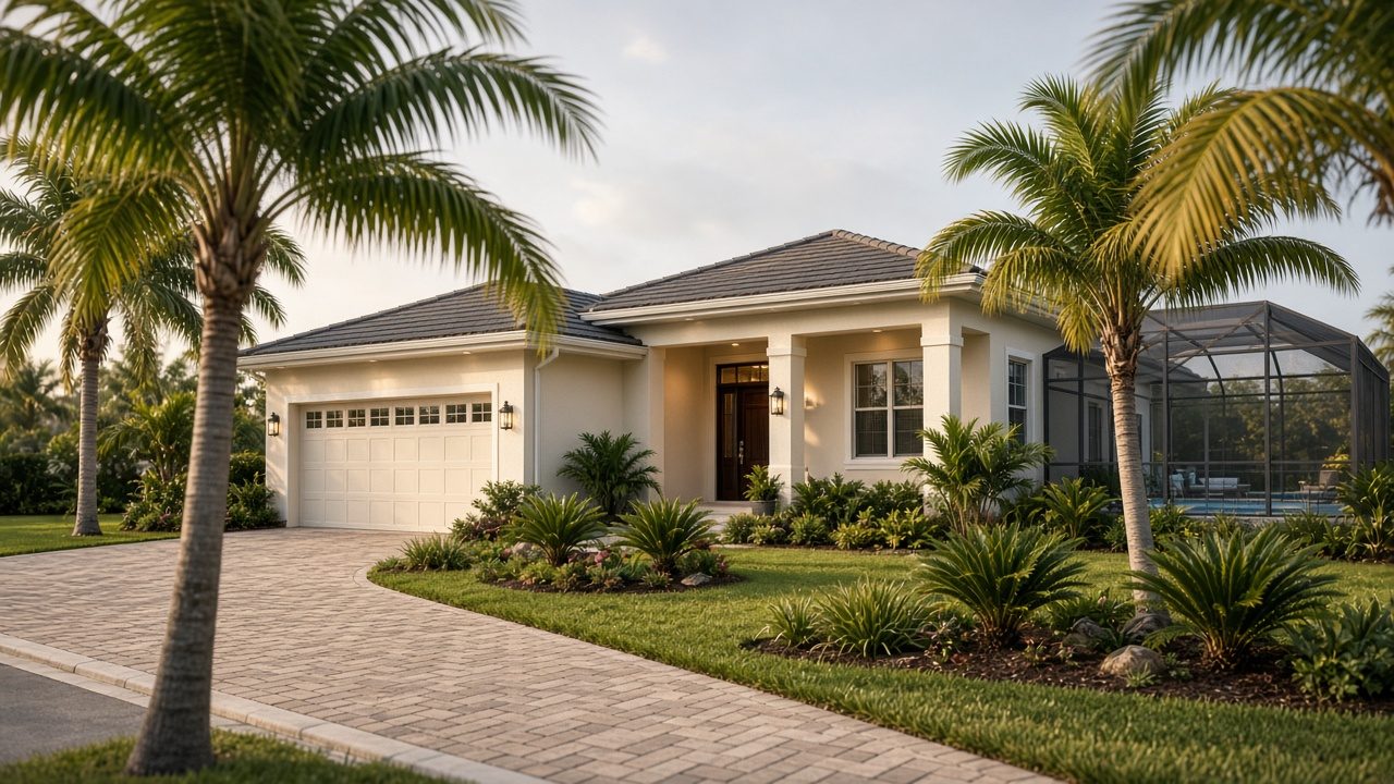 A freshly kept Florida home with a clean paver driveway, palms, and a screened pool cage.