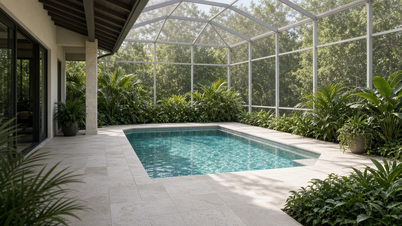 A clean screened pool cage and pale stone patio on a Florida home.